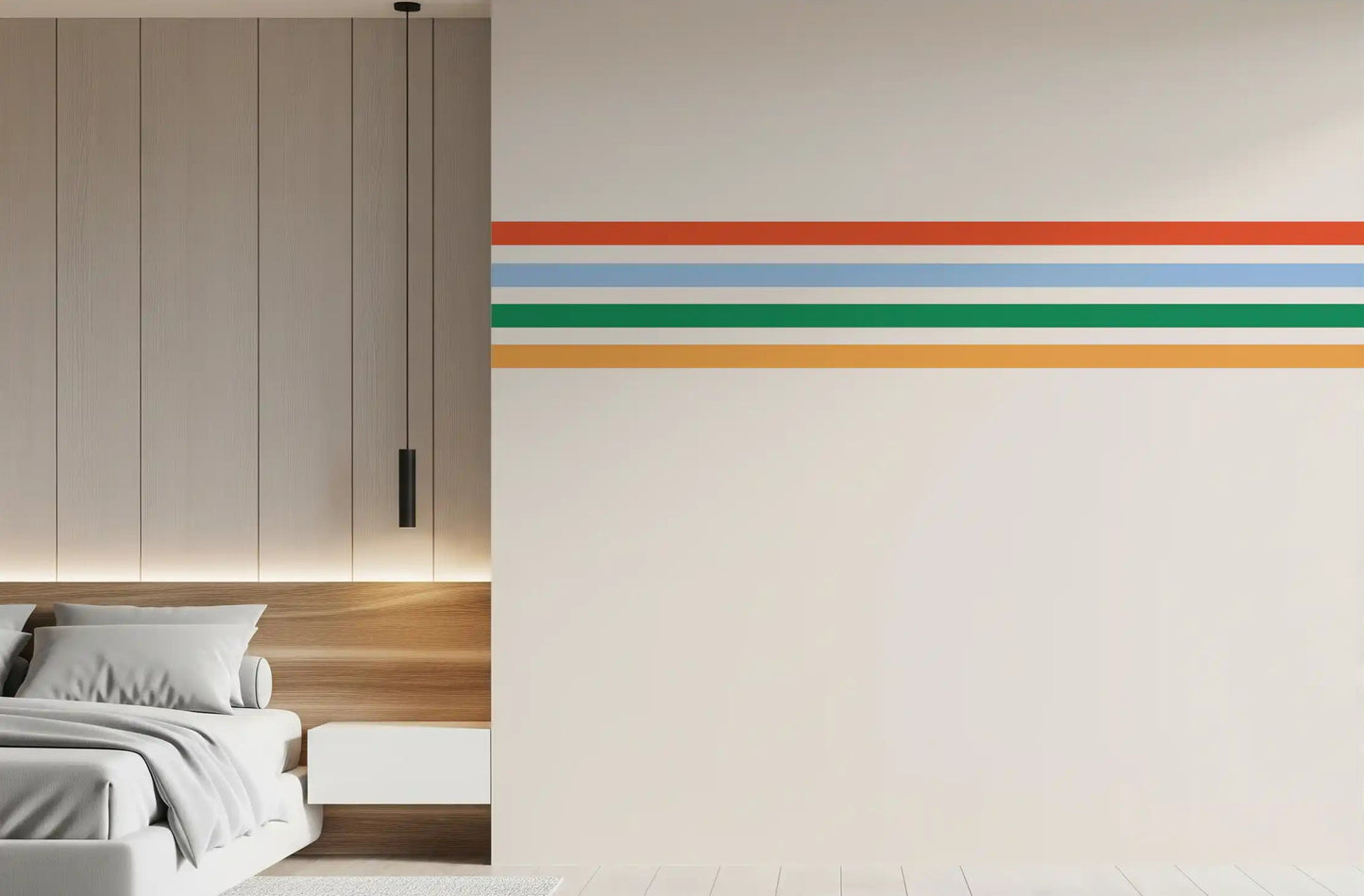 Bedroom wall finished in Retro Vibe Horizontal Stripes wall mural with bold bands