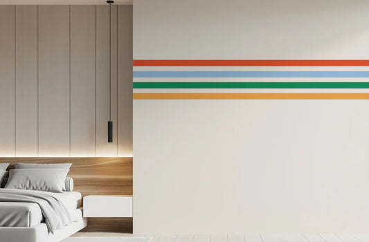 Bedroom wall finished in Retro Vibe Horizontal Stripes wall mural with bold bands