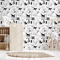 Striped panels and feline shapes on Geometric Cats wallpaper print

