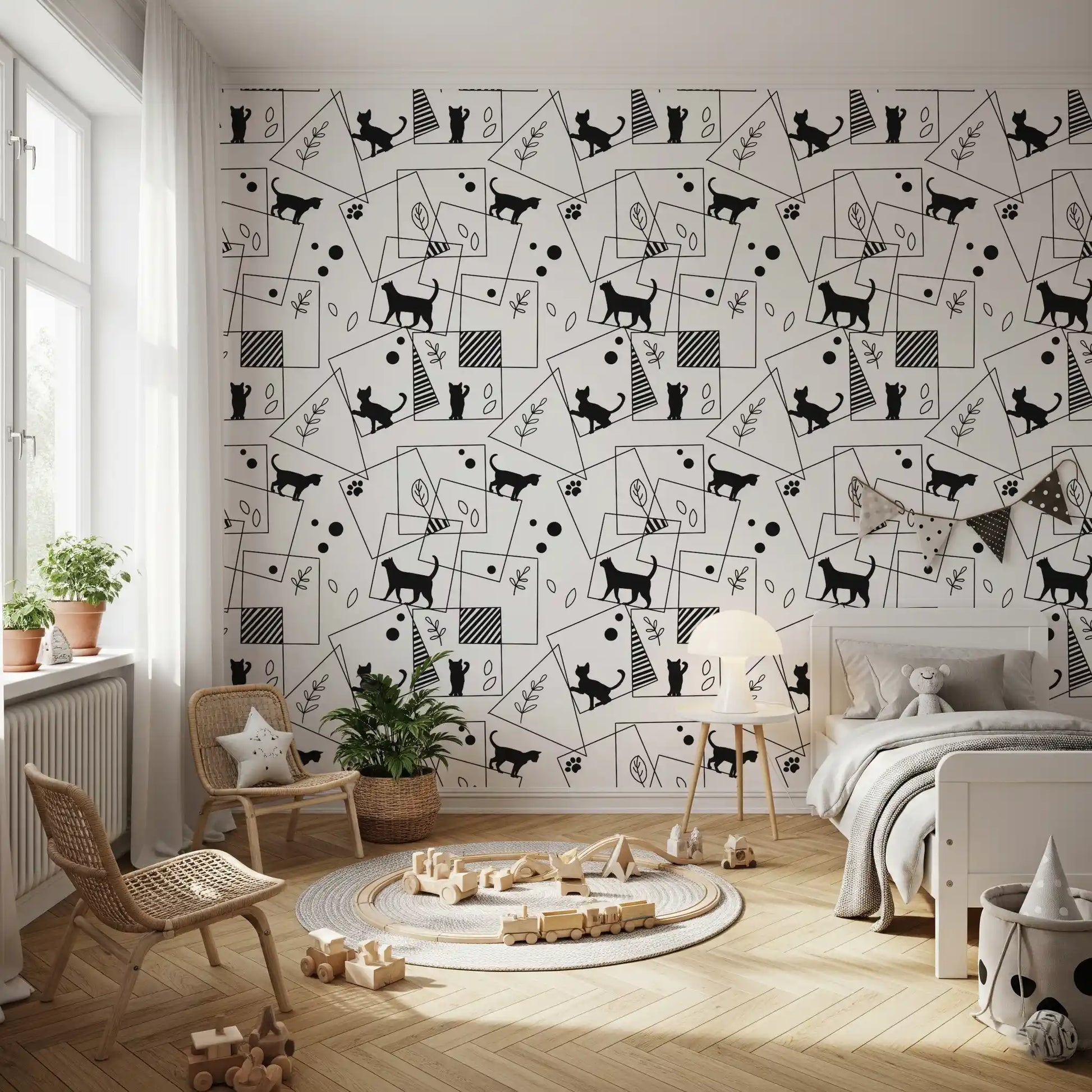 Black-and-white linework holding Geometric Cats wallpaper artwork