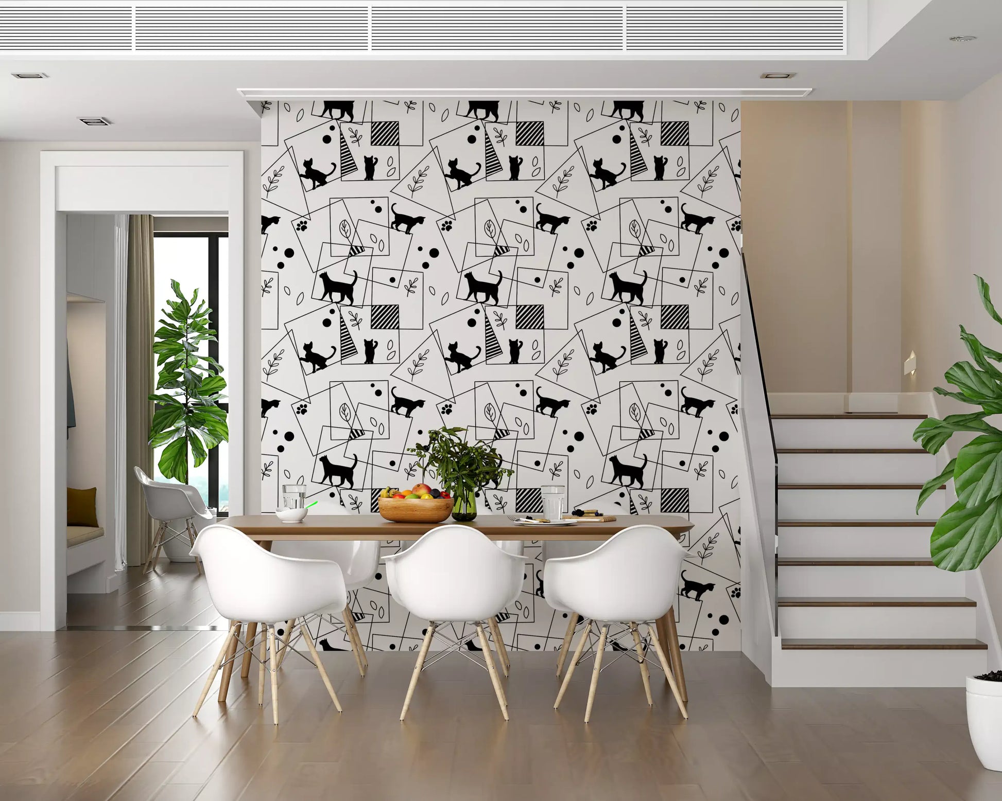 Paw prints, dots, and cat outlines on Geometric Cats wallpaper white base