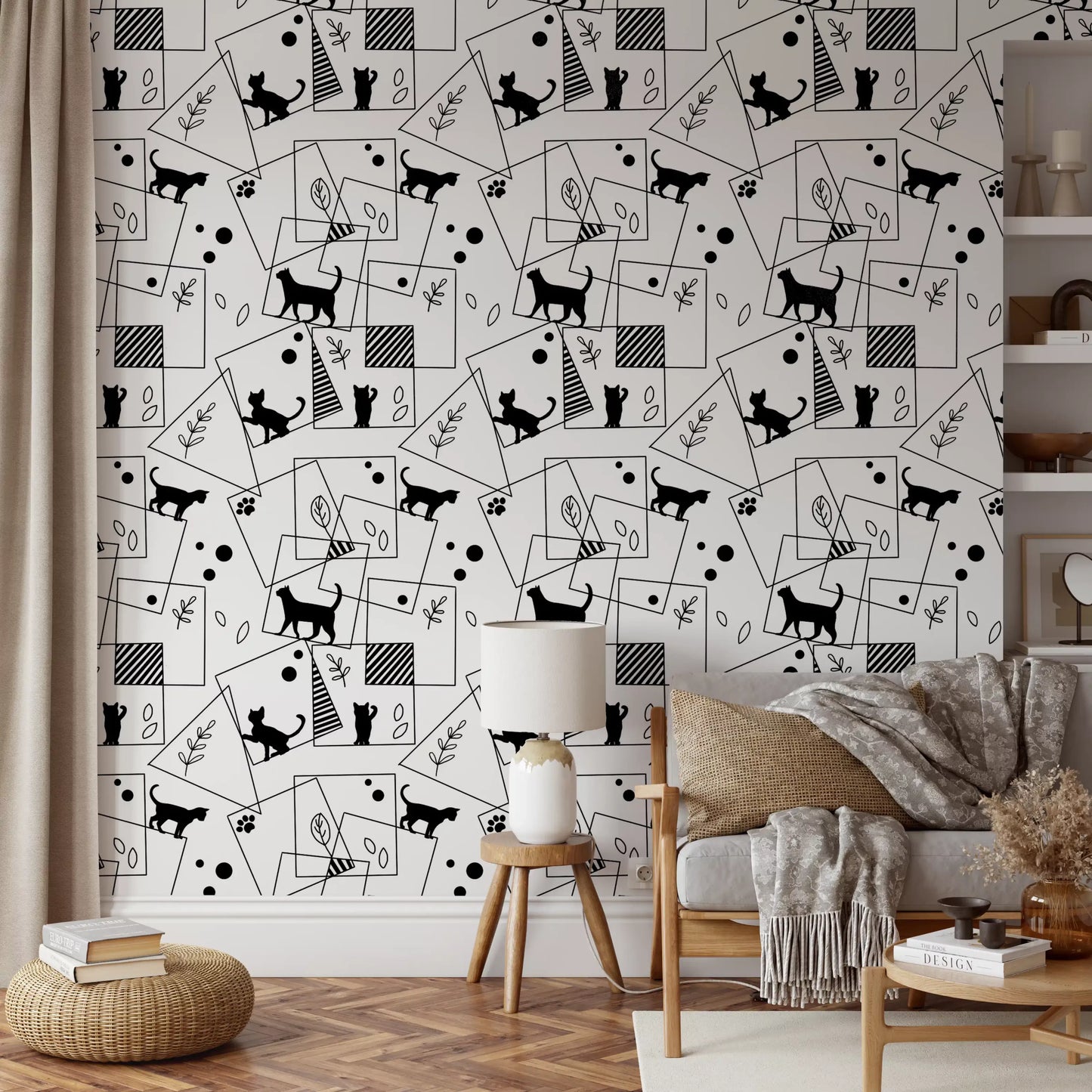 Black cat silhouettes inside square frames on Geometric Cats wallpaper