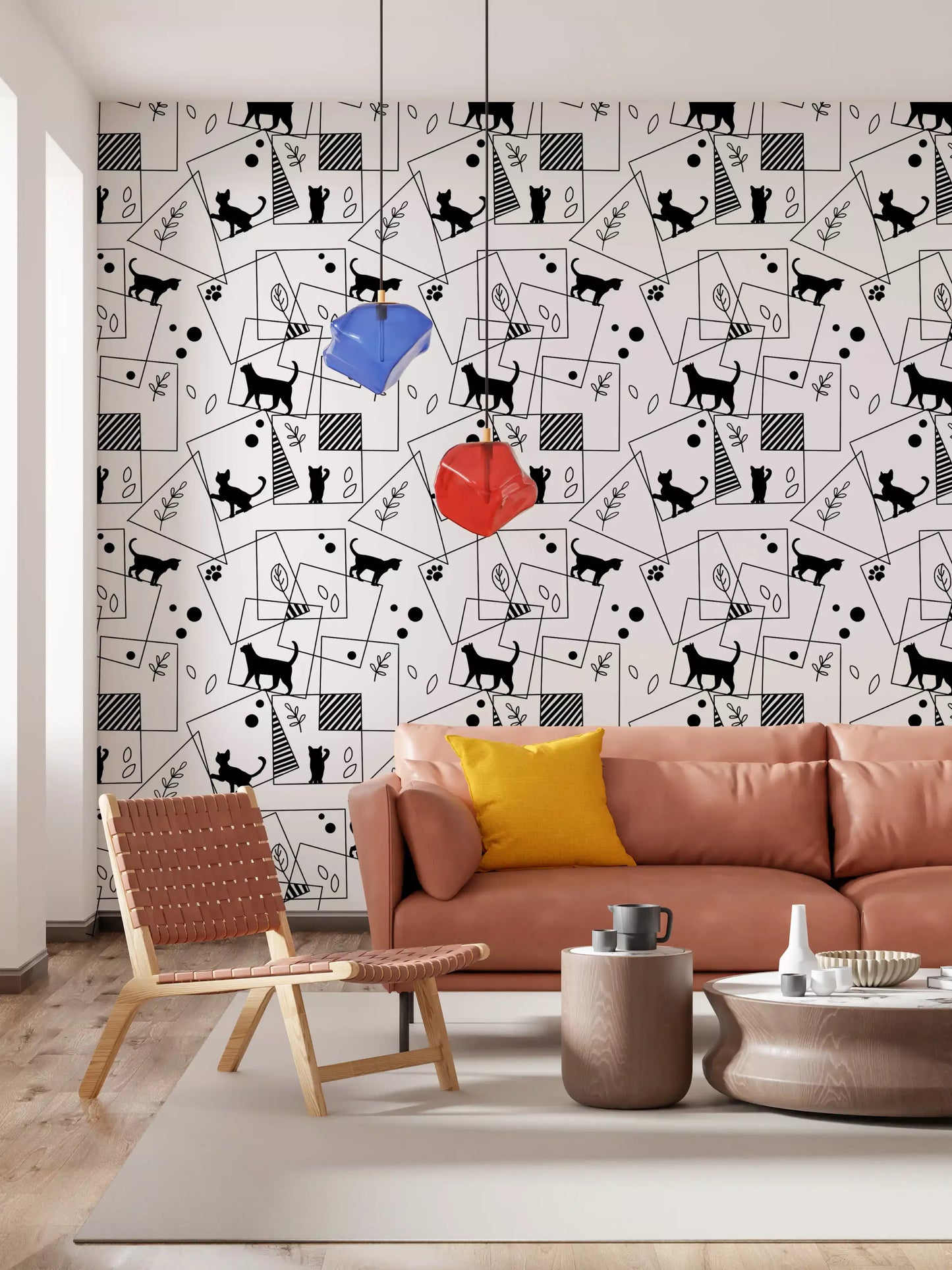 Sketched leaves paired with cats across Geometric Cats wallpaper