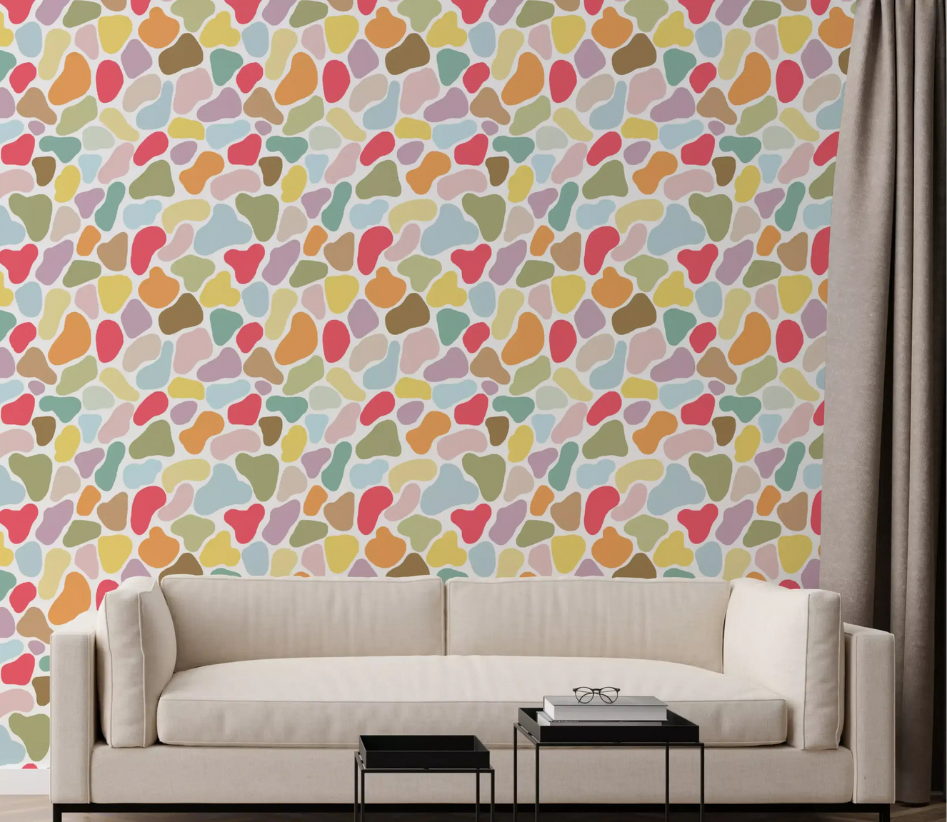Living room wall in Playful Pebble Palette wallpaper with pastel shapes
