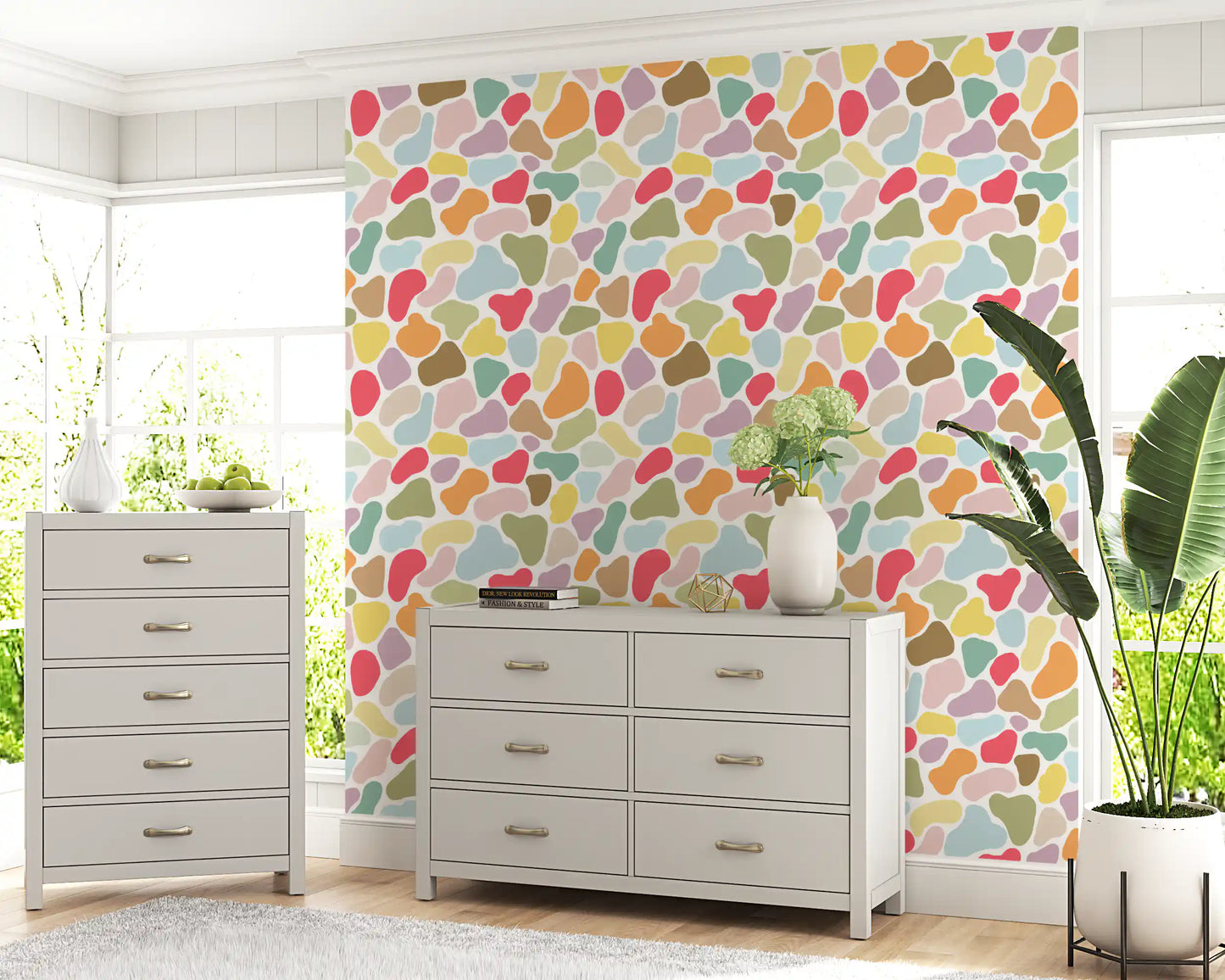 Home space corner set with Playful Pebble wallpaper colour mix
