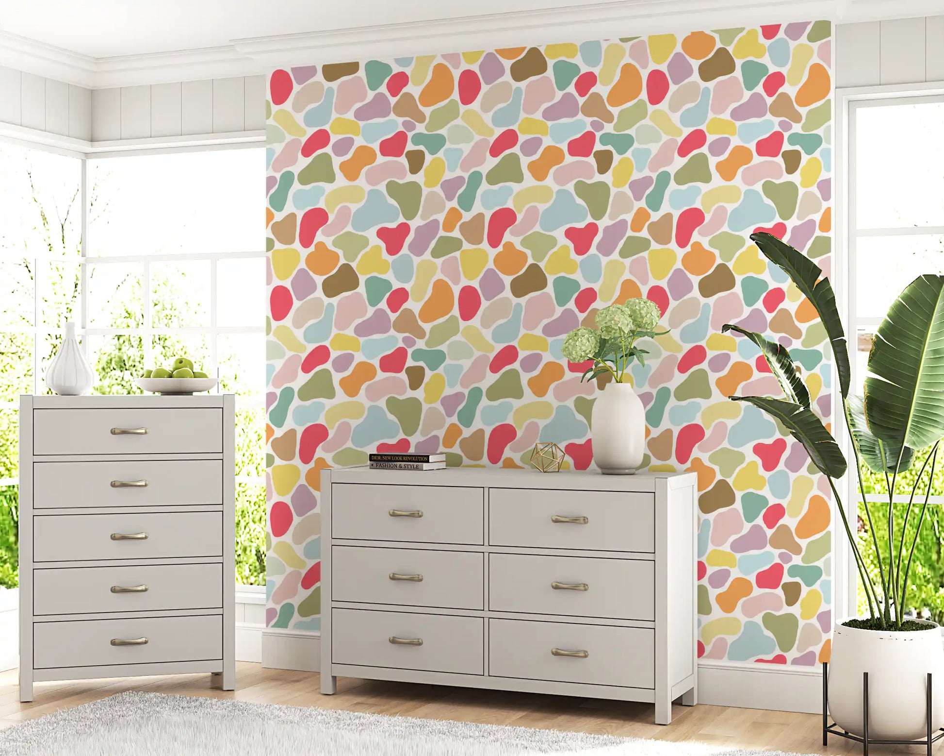 Home space corner set with Playful Pebble wallpaper colour mix
