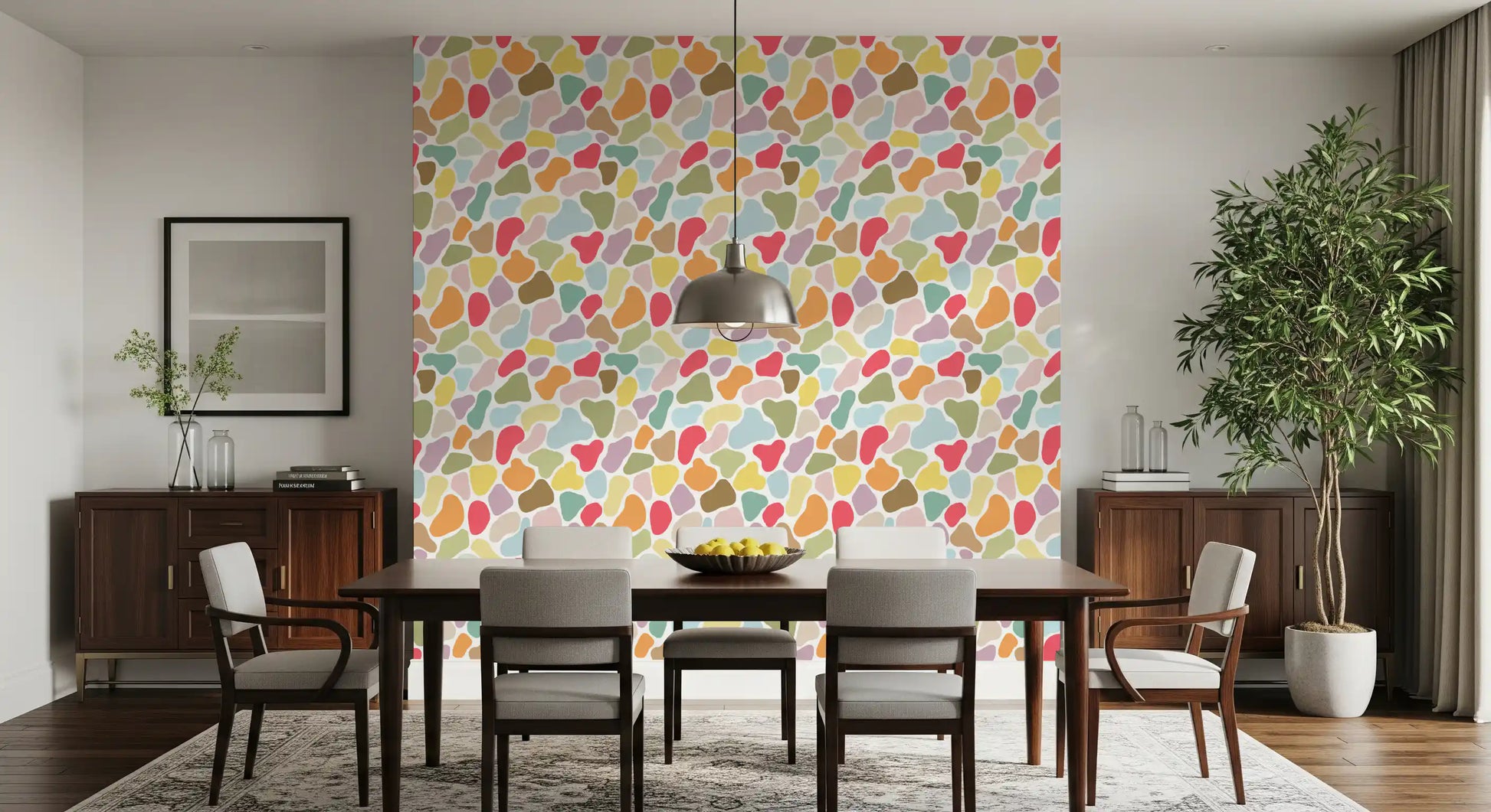 Dining area dressed with Pebble Palette wallpaper of soft blobs

