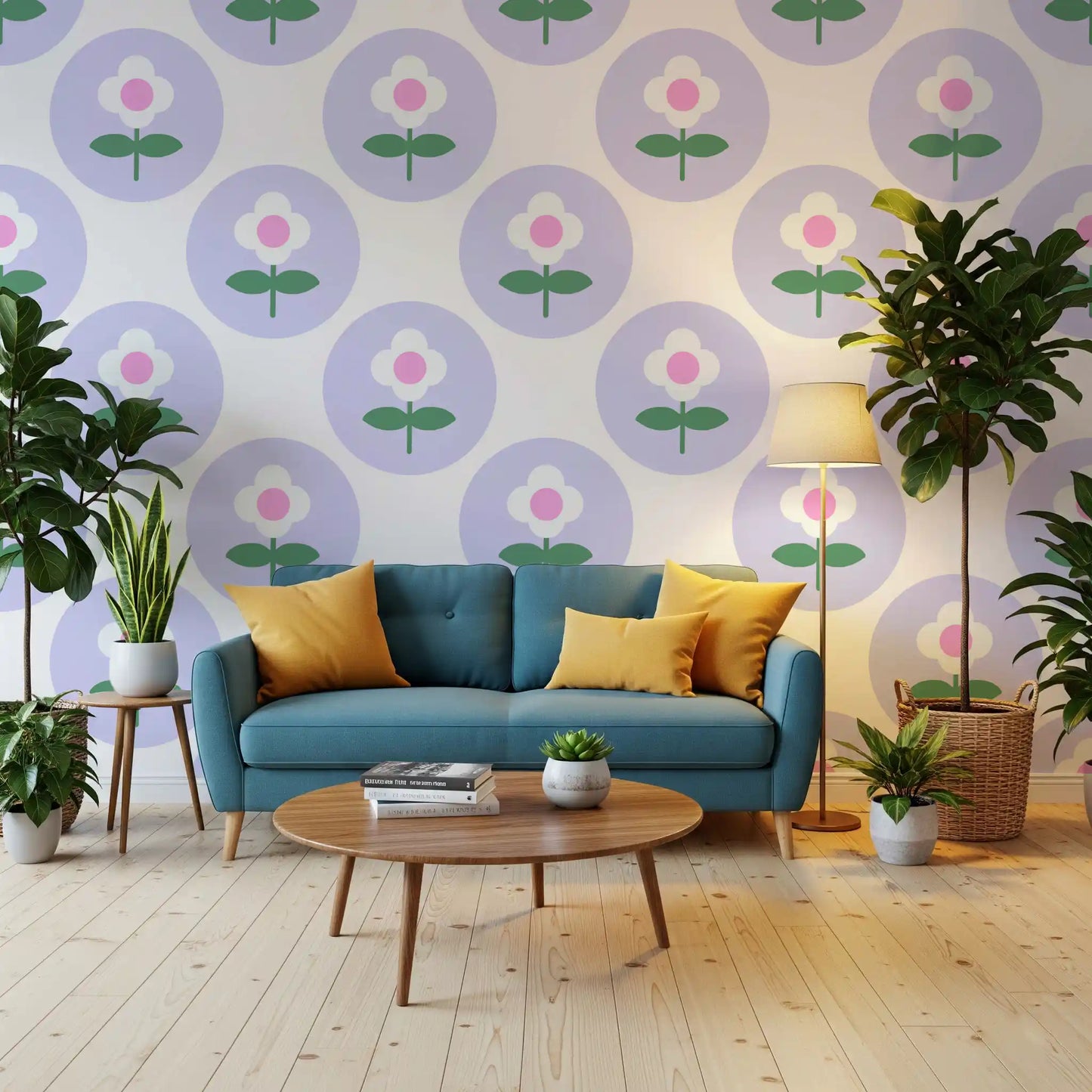 Lilac circles holding white daisies on Soft Lavender wallpaper
