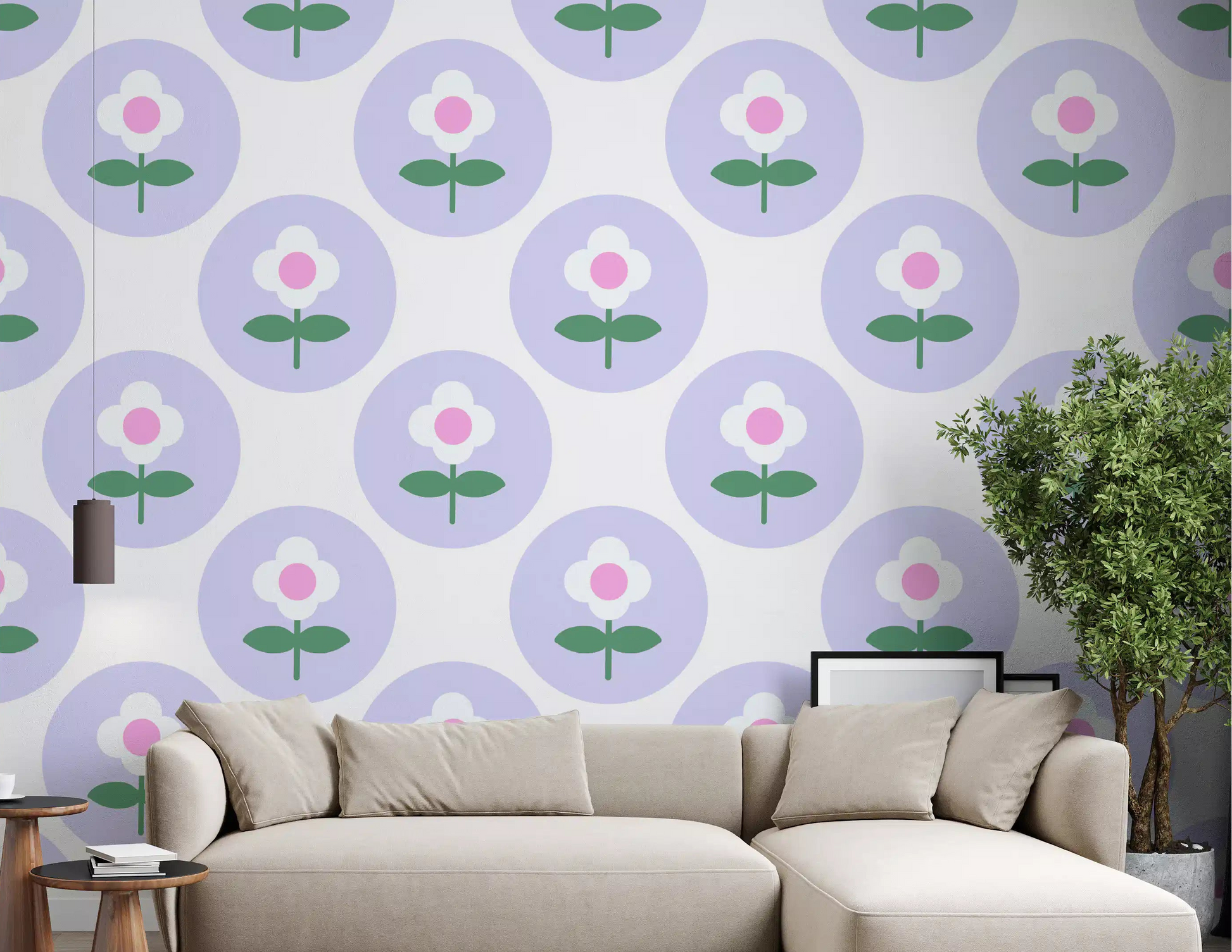 Pink centred daisy inside lavender dots on Lavender Bloom wallpaper
