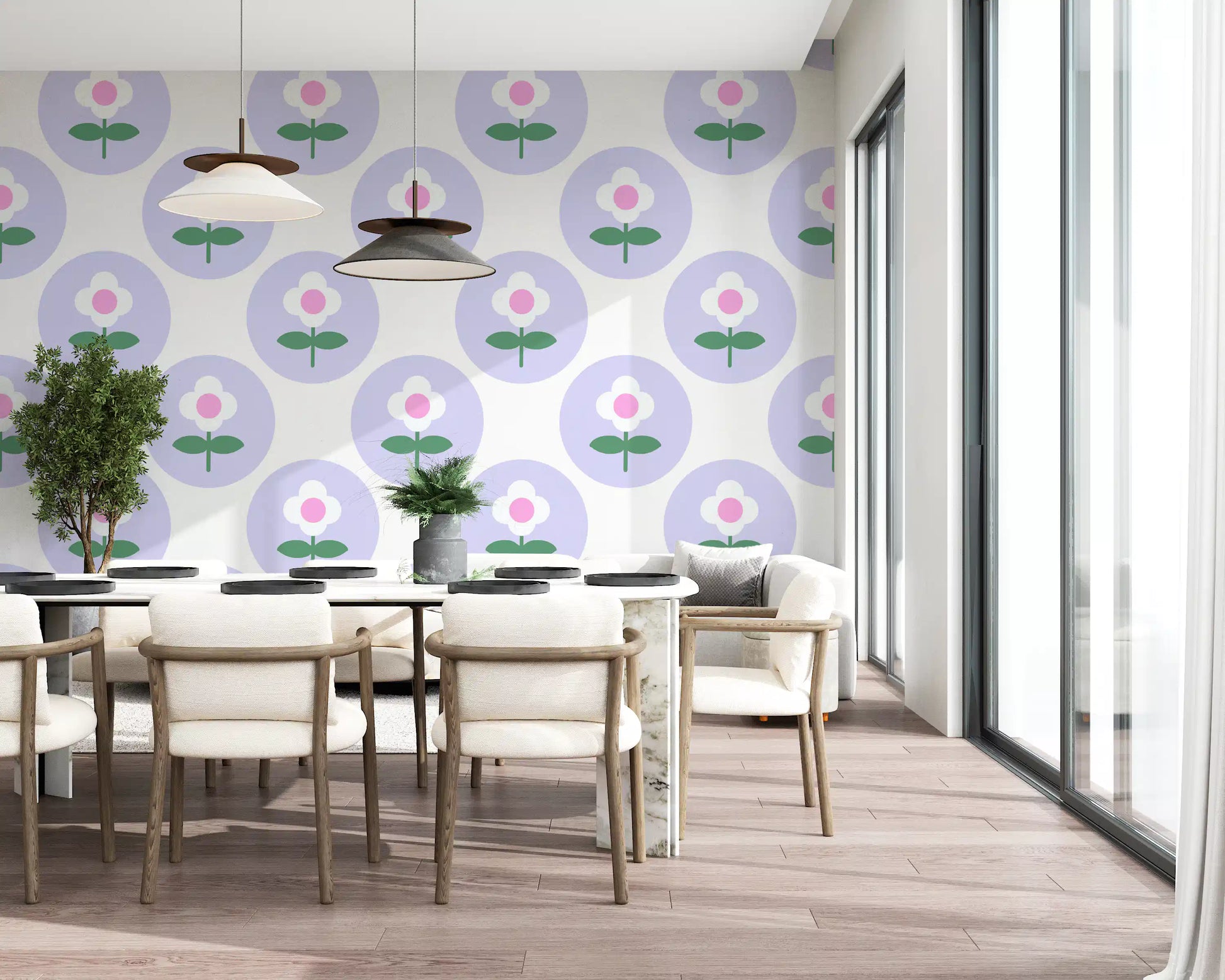 Dining room dressed with Lavender Bloom wallpaper of pastel dots
