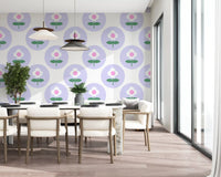 Dining room dressed with Lavender Bloom wallpaper of pastel dots
