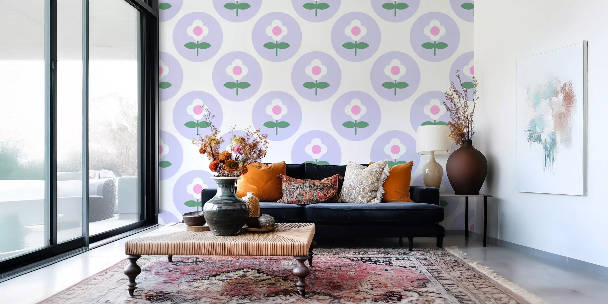 Home backdrop styled in Soft Lavender Bloom wallpaper print
