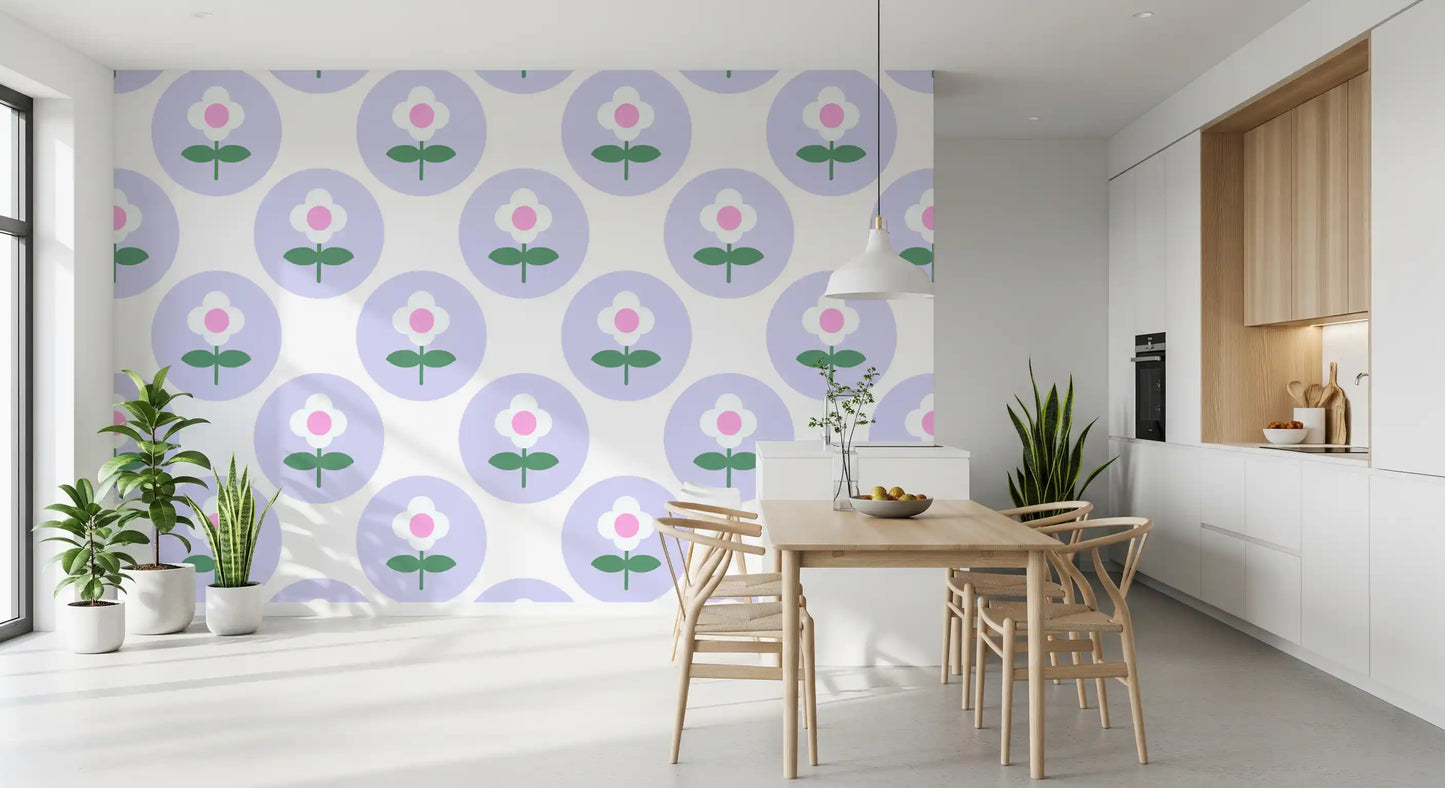 Dining room corner set with Soft Lavender Bloom wallpaper artwork
