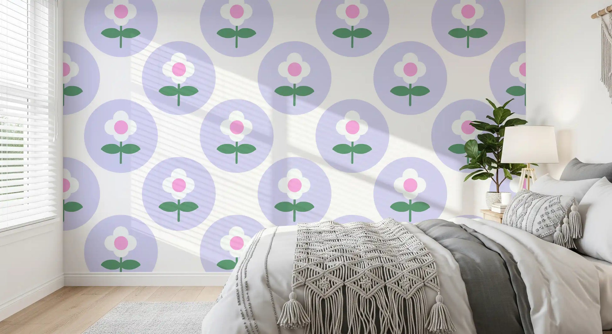 Green leaves under blooms across Soft Lavender Bloom wallpaper
