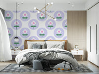 Bedroom wall in Soft Lavender wallpaper with floral motifs
