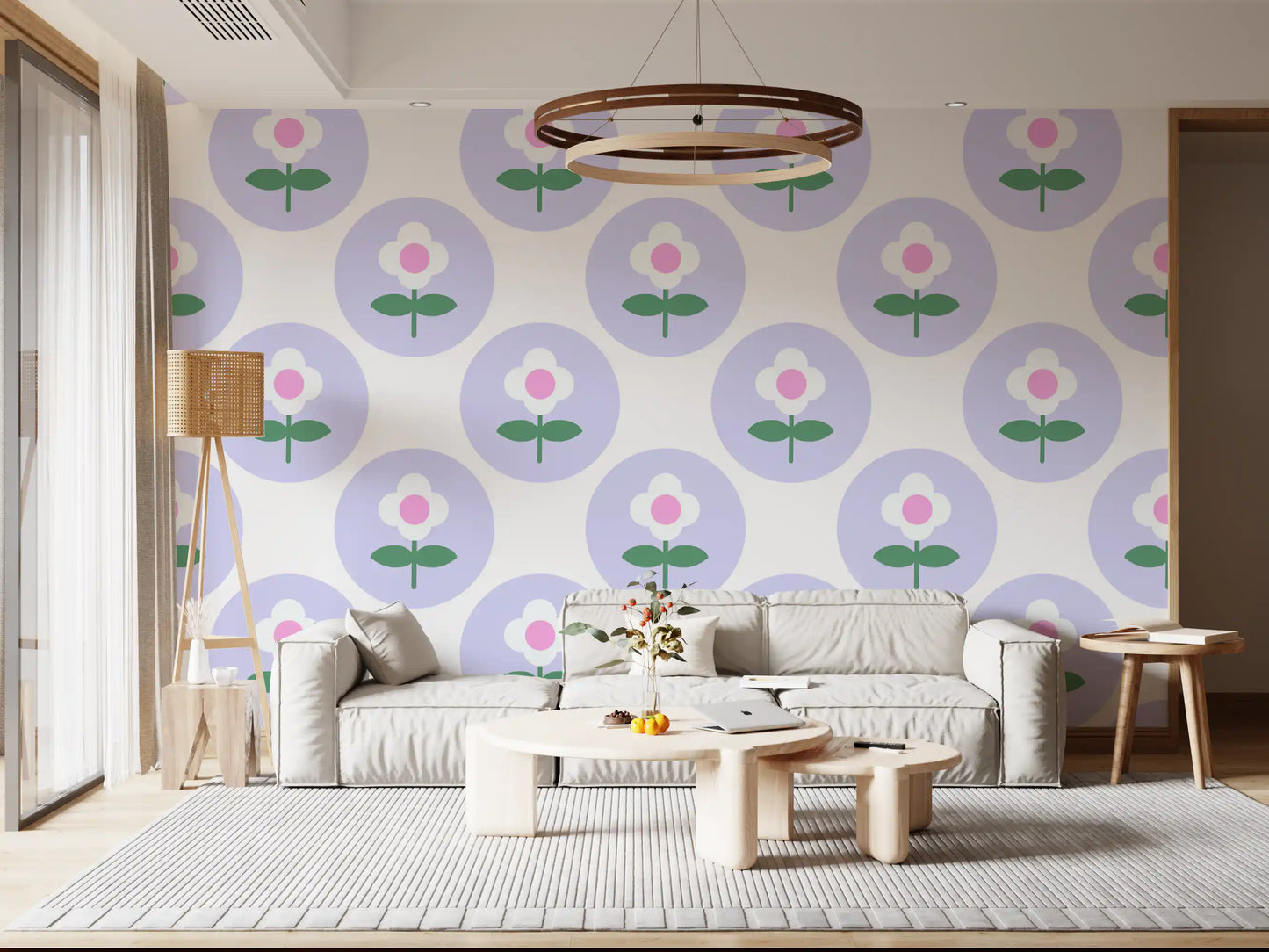 Living room wall in Soft Lavender Bloom wallpaper with lilac circles
