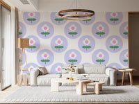Living room wall in Soft Lavender Bloom wallpaper with lilac circles
