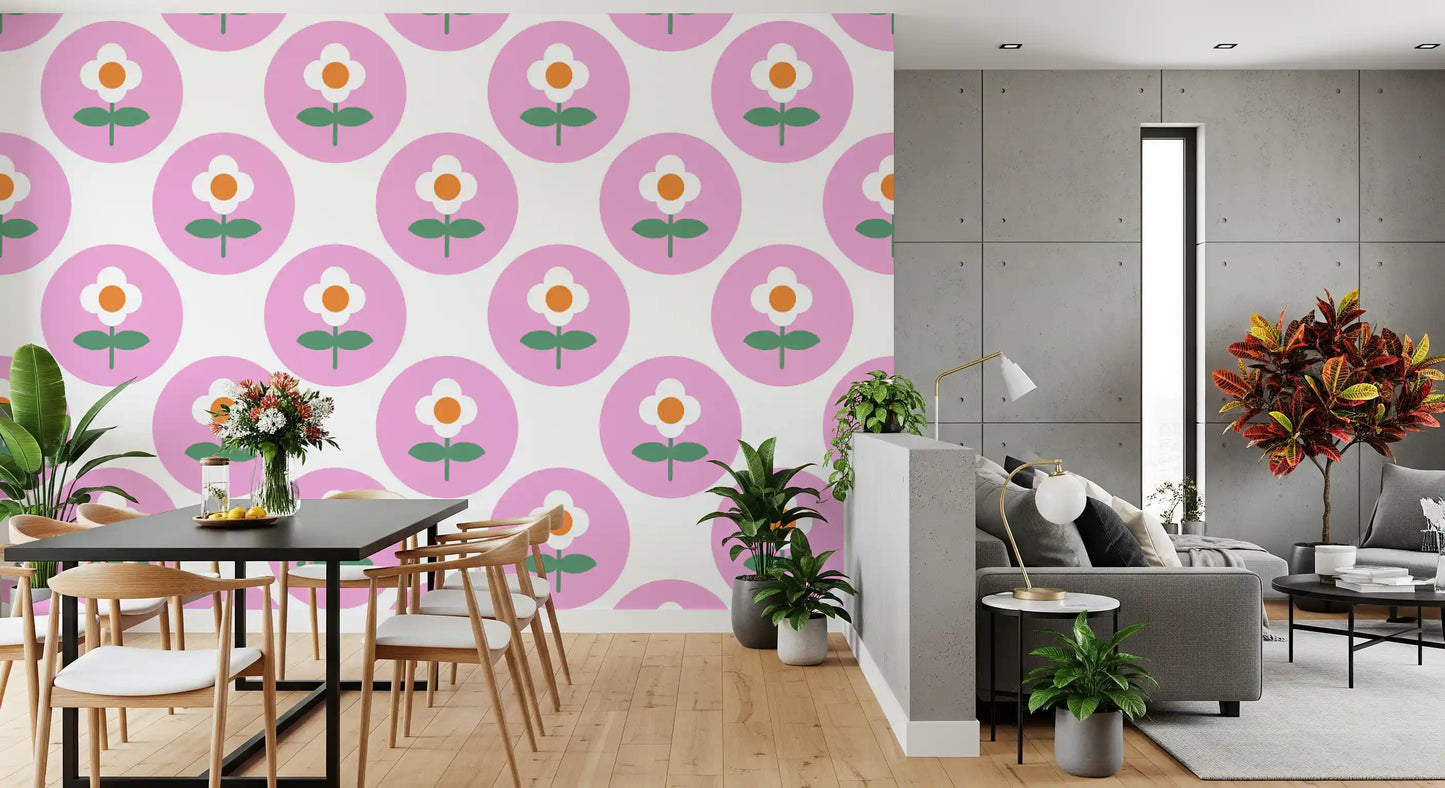 Repeating pink circles across Retro Daisy Circles wallpaper