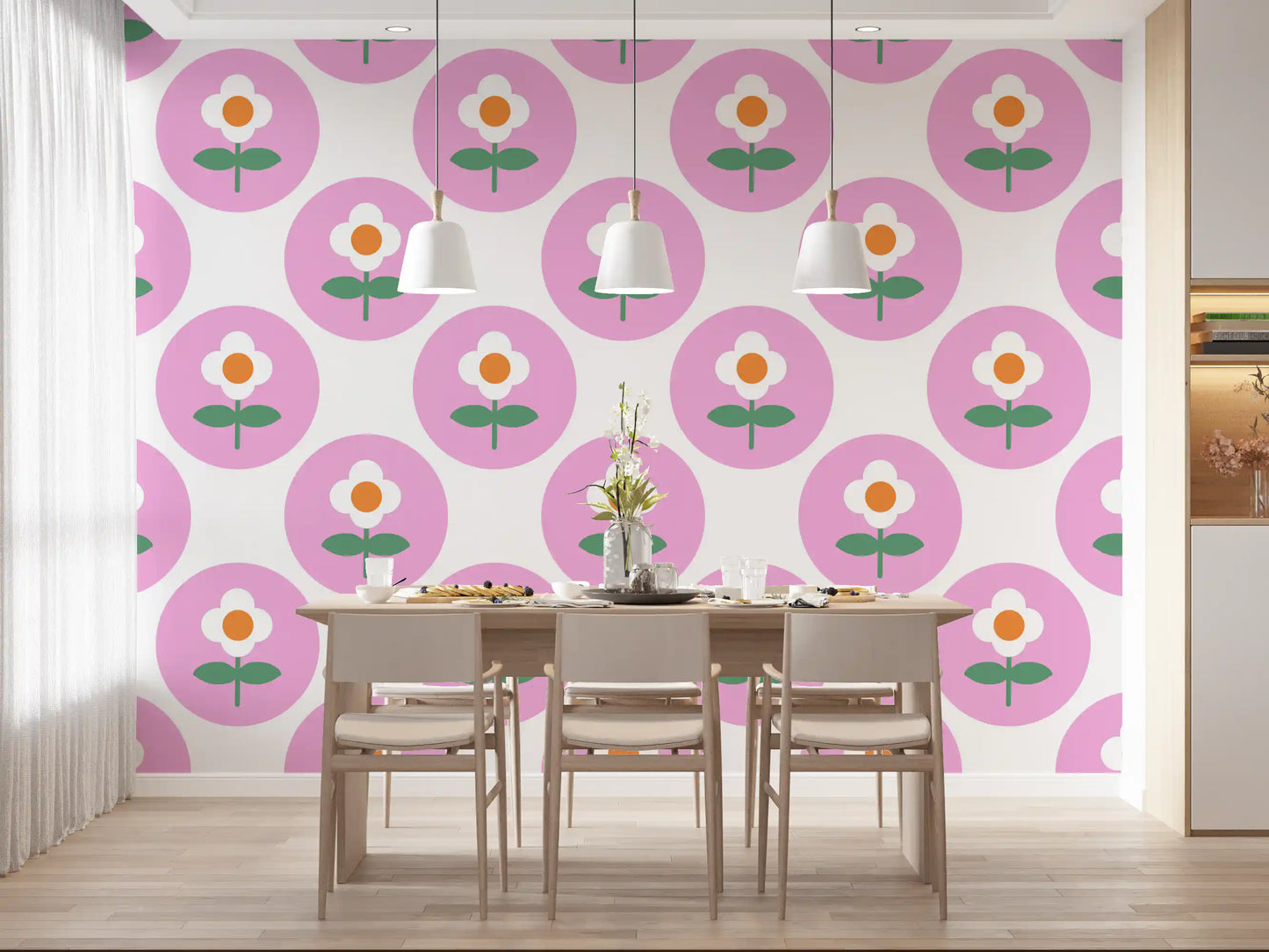 Dining room wall in Retro Daisy Circles wallpaper bold print
