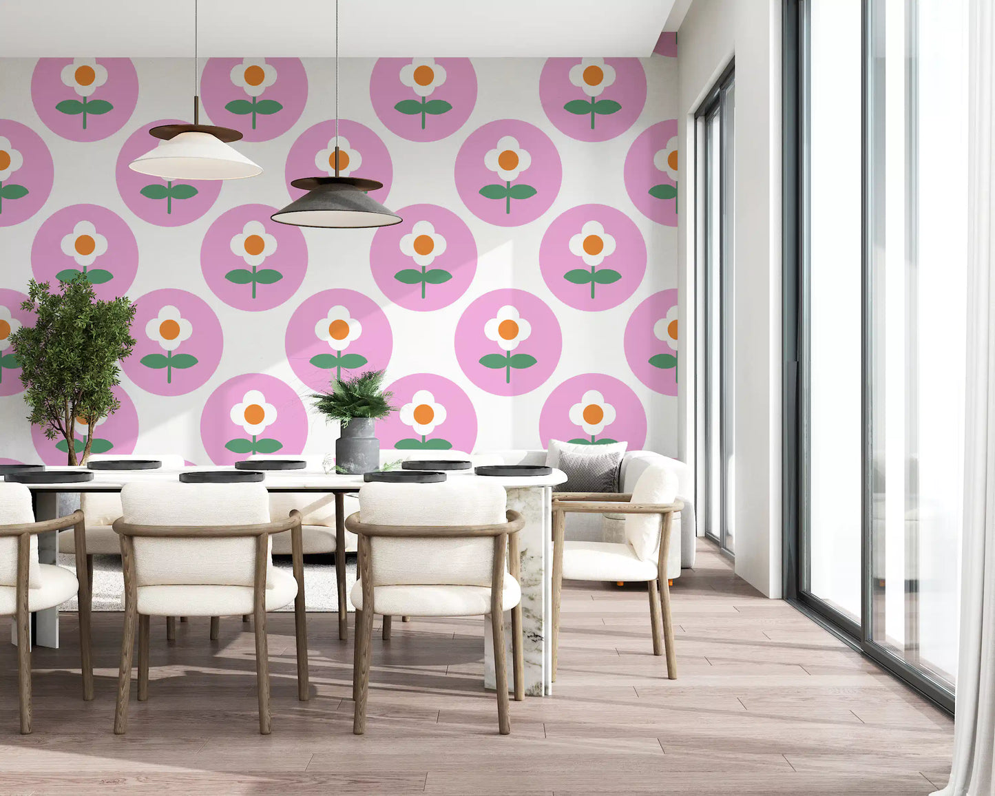 Pink circles holding white daisies on Retro Daisy wallpaper
