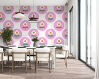 Pink circles holding white daisies on Retro Daisy wallpaper
