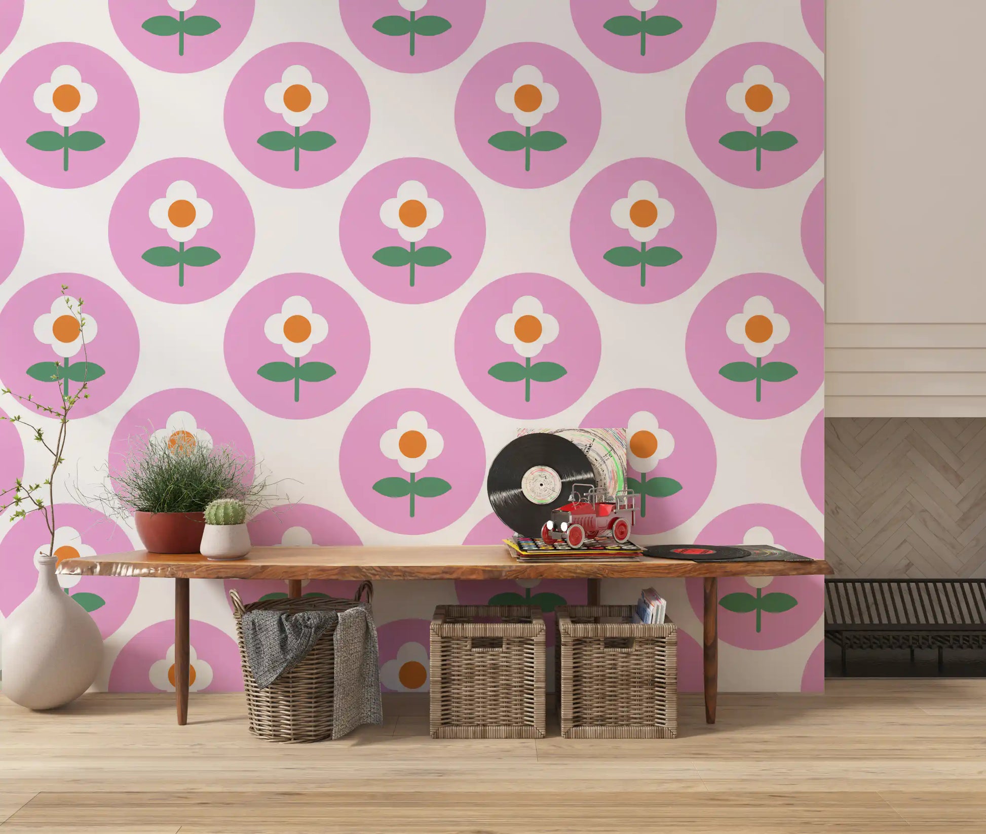 Green leaves under daisies shaping Retro Daisy wallpaper print
