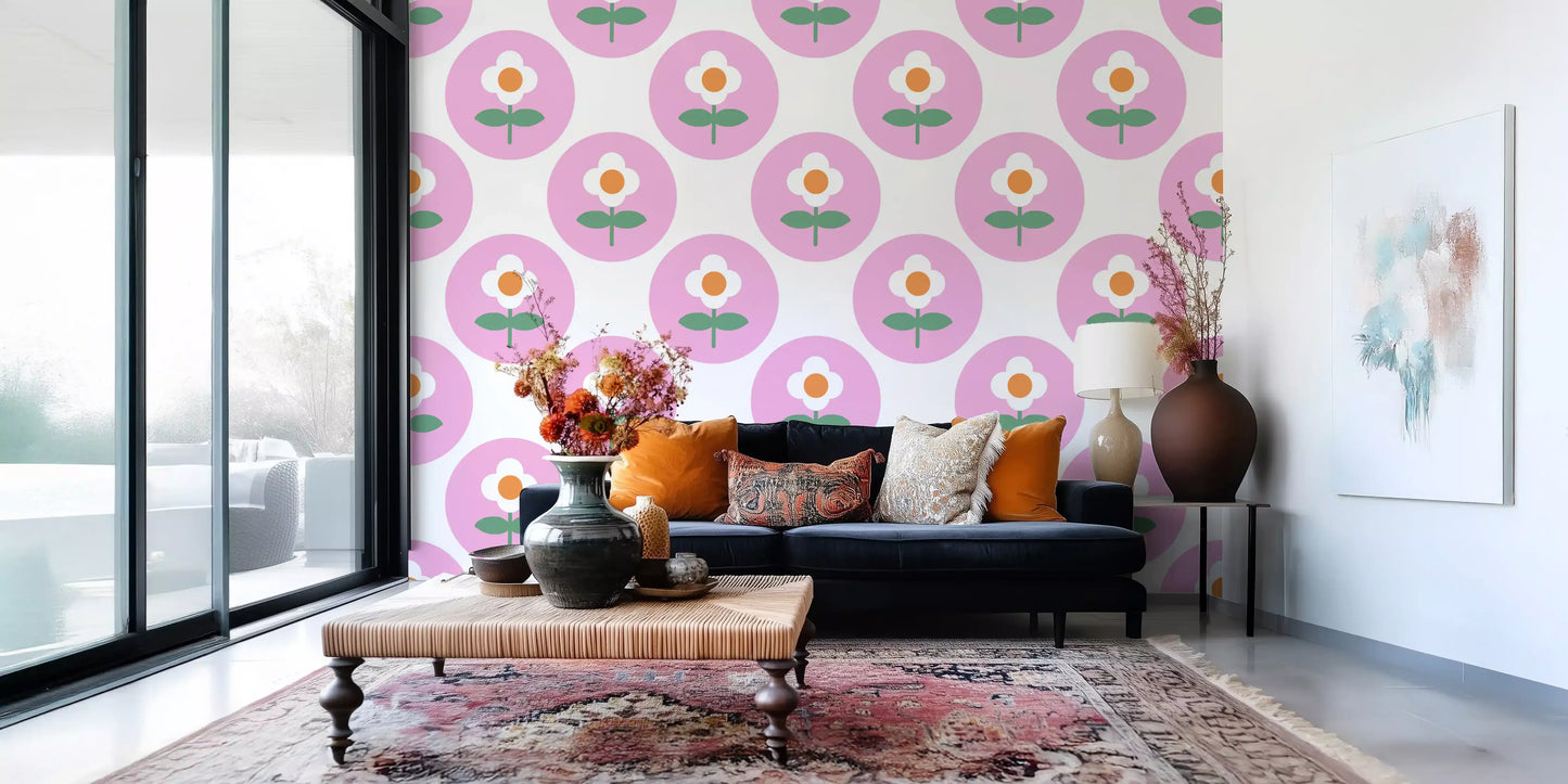 Home corner set with Retro Daisy wallpaper and florals
