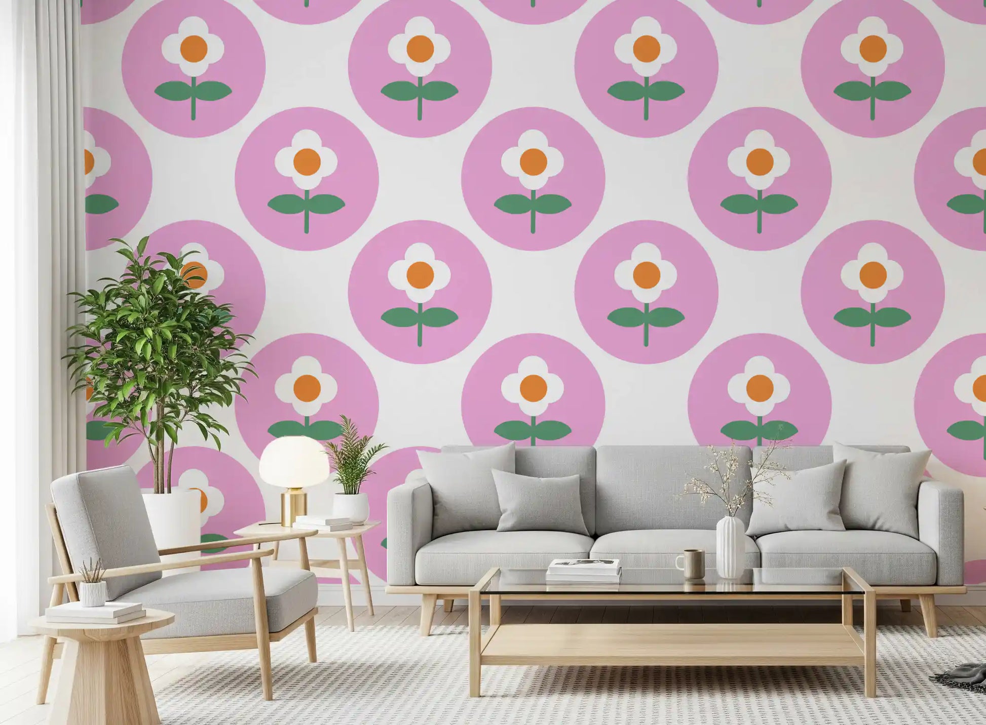 Hallway dressed with Retro Daisy wallpaper of pink circles
