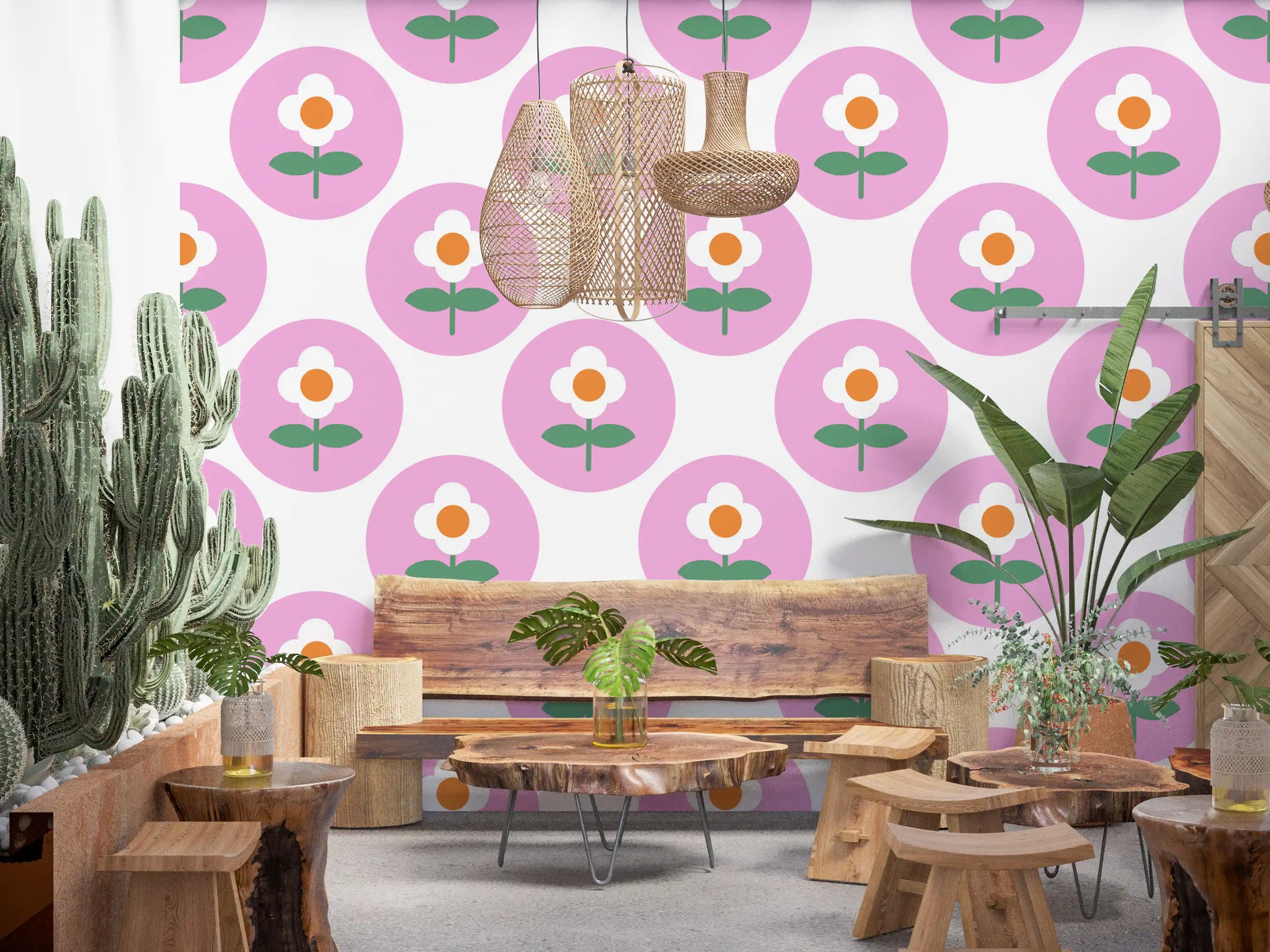 Cafe area wall in Retro Daisy Circles wallpaper with pink dots 