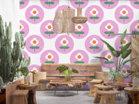 Cafe area wall in Retro Daisy Circles wallpaper with pink dots 