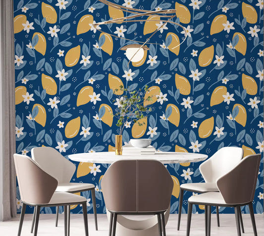 Dining room wall in Lemon Orchard wallpaper with yellow fruit