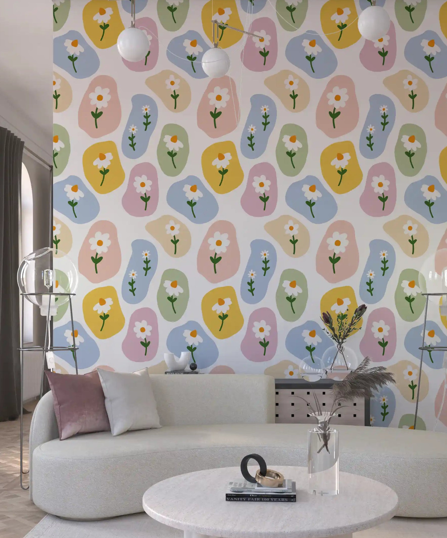 Living room styled with Pastel Daisy Pebbles Wallpaper in soft floral colors
