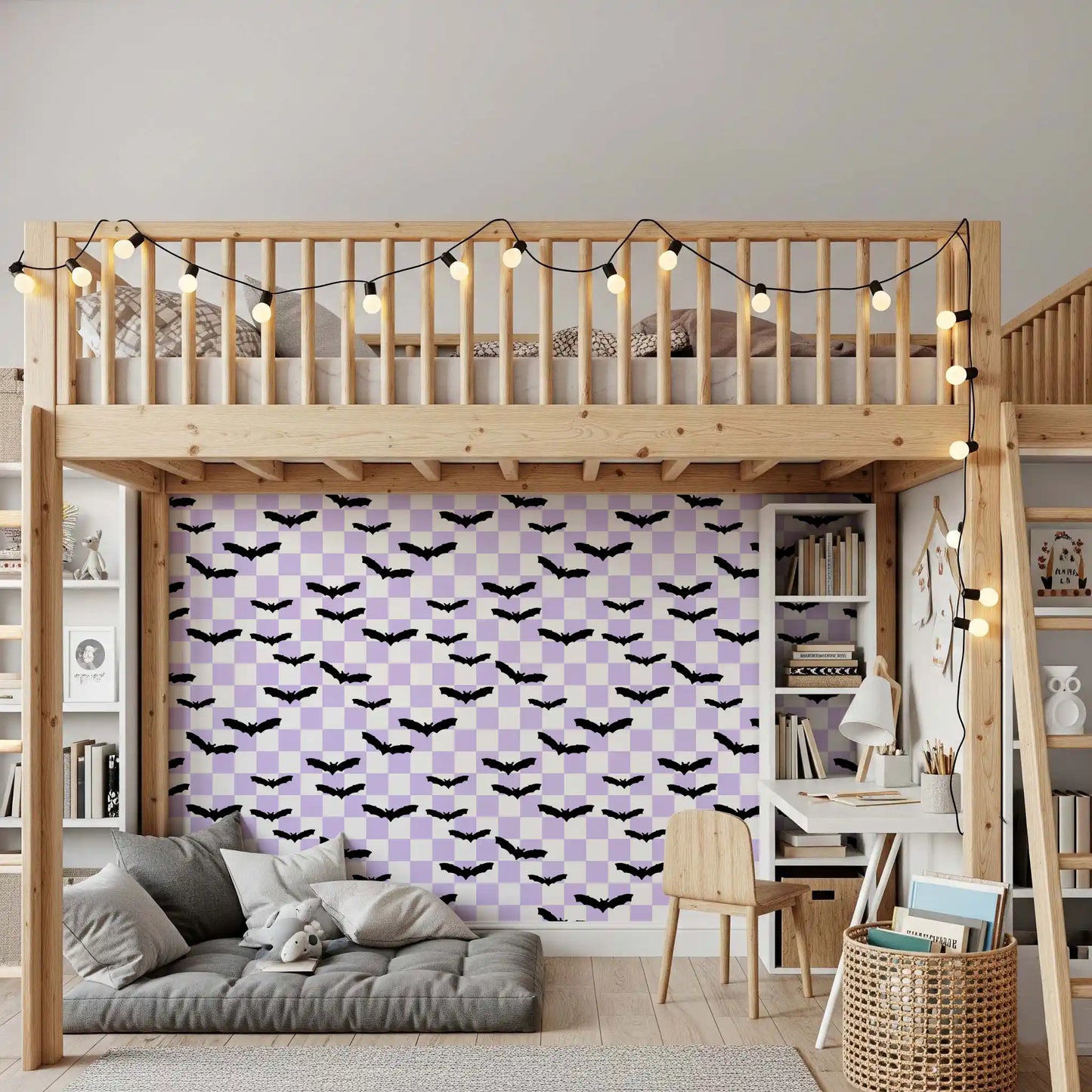 Graphic flying bats over grid in Checkered Purple Wallpaper style