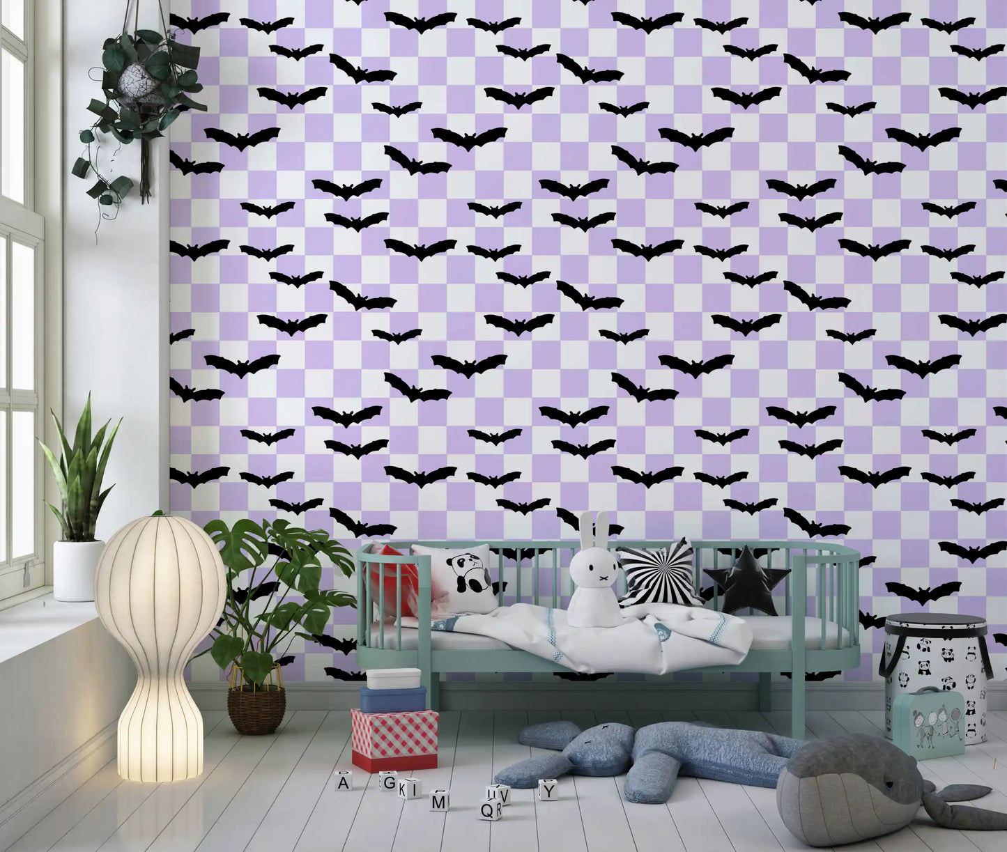 Soft purple squares define Bats Wallpaper Pattern with contrast detail