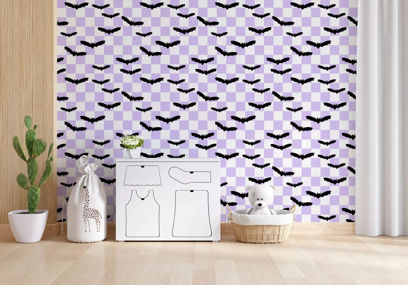 Home featuring Purple Bats Wallpaper with lilac checkerboard pattern