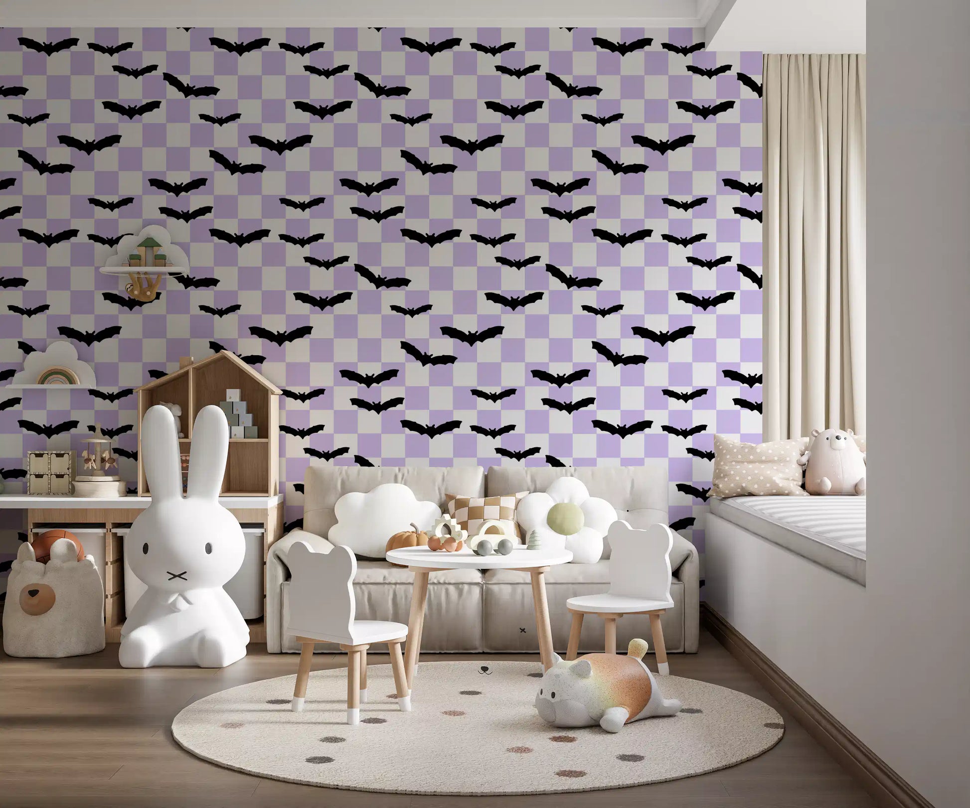 Repeating bat silhouettes across Purple Bats Pattern wallpaper surface