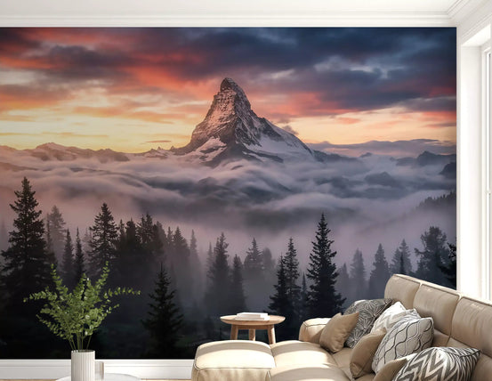 Living room with Mountain Majesty at Sunset wall mural and glowing alpine peak