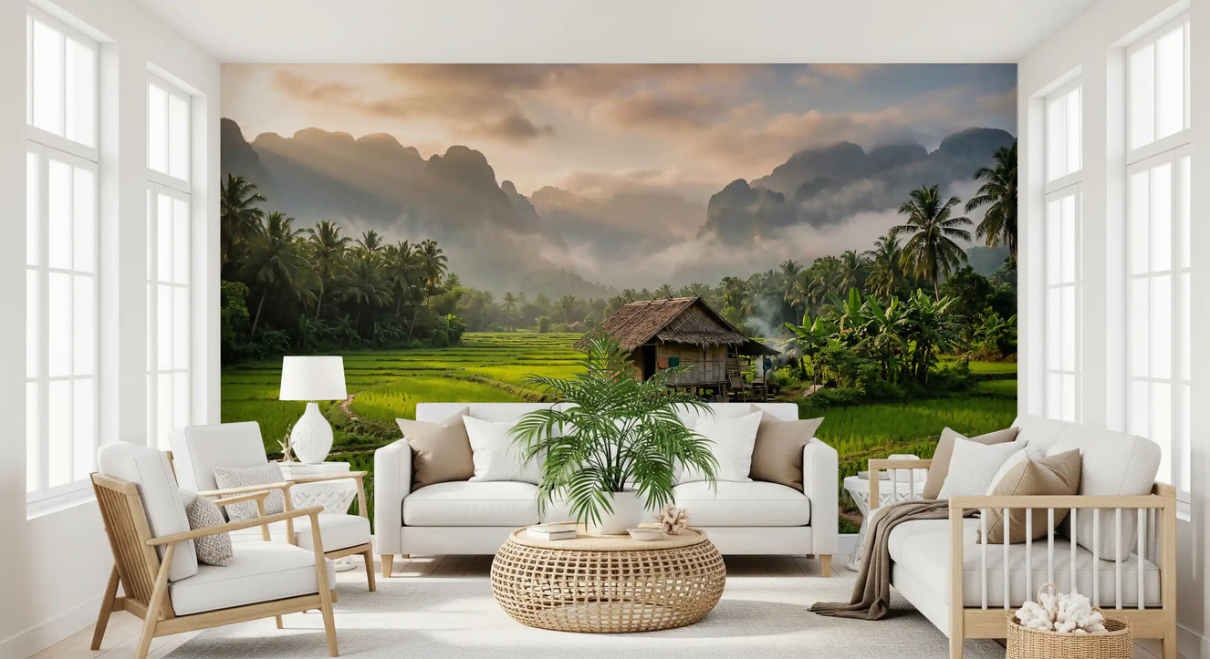 Misty Mountain Rice Fields Wall Mural