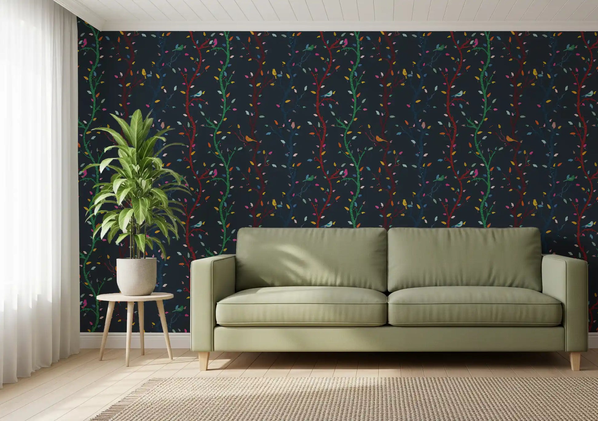 Home office room styled with Midnight Woodland Wallpaper and small bird artwork