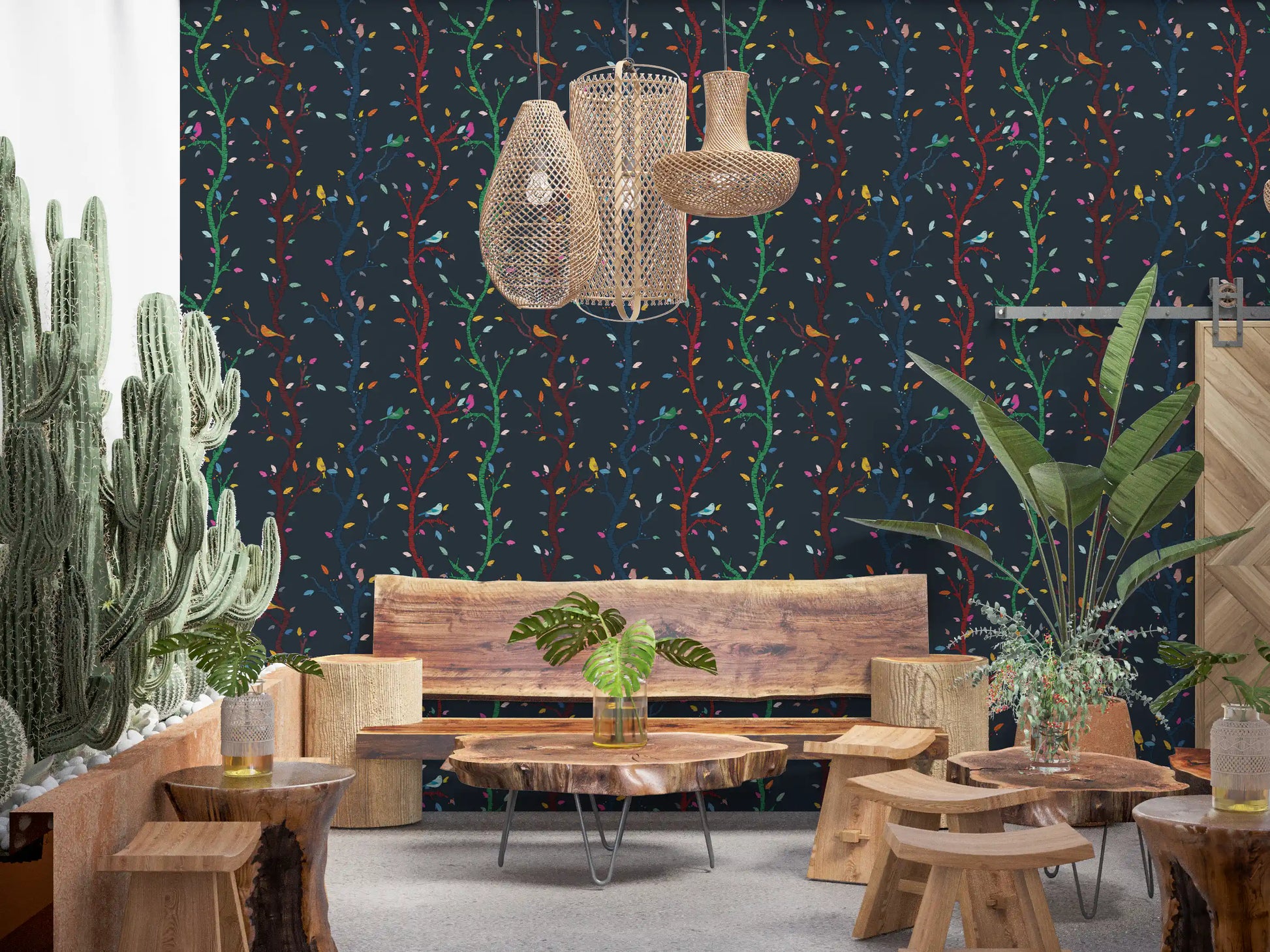 Cafe area using dark woodland wallpaper with birds and curved tree forms