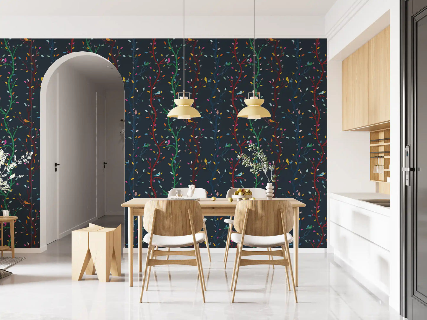 Dark nature wallpaper showing colorful birds, branches, and leaf details