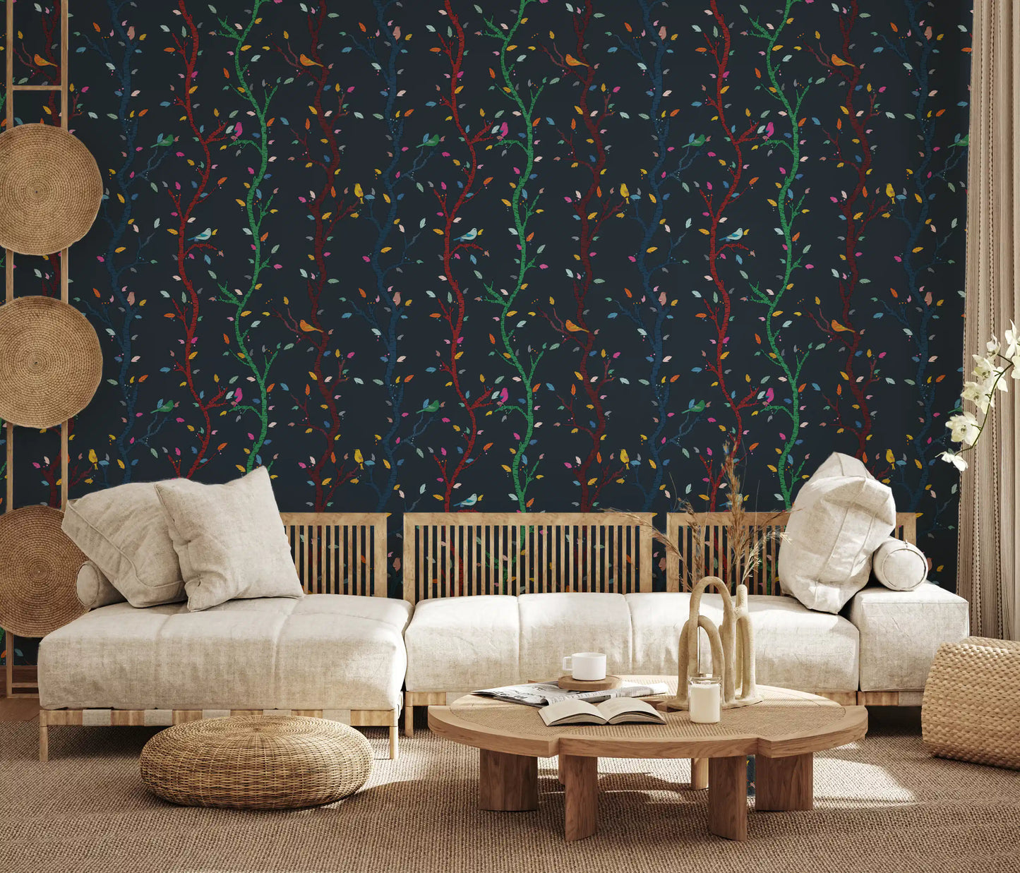 Curved tree forms give this dark forest wallpaper a lively illustrated look