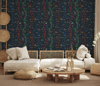 Curved tree forms give this dark forest wallpaper a lively illustrated look