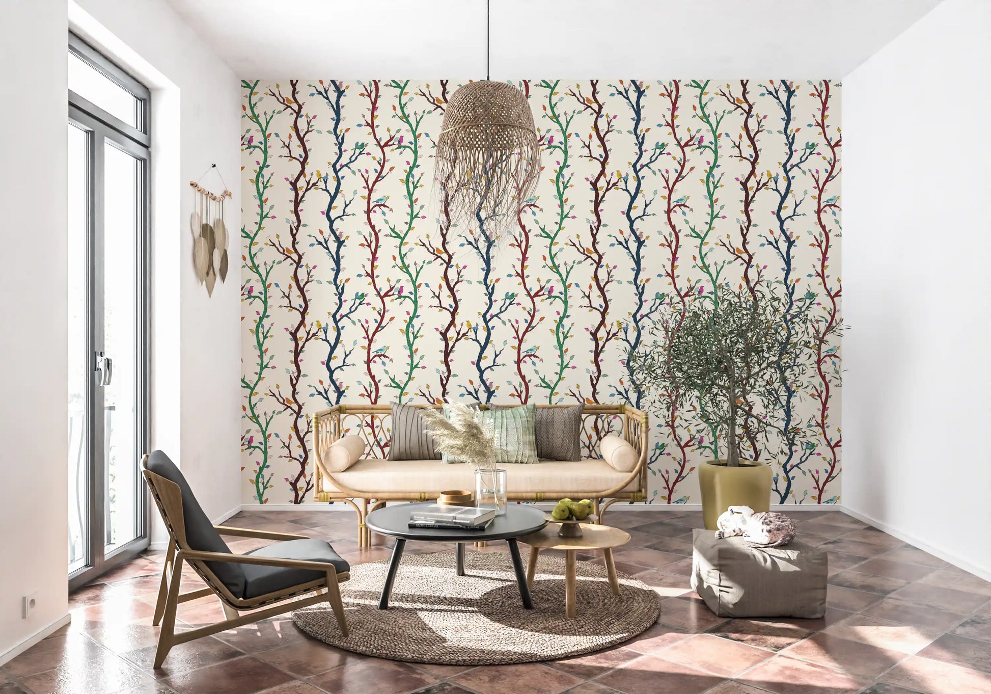 Hallwaym finished with woodland bird wallpaper and scattered leaf accents
