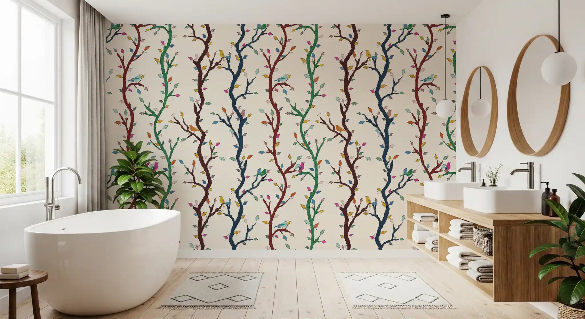 Woodland branches with birds wallpaper featuring green, blue, and pink accents