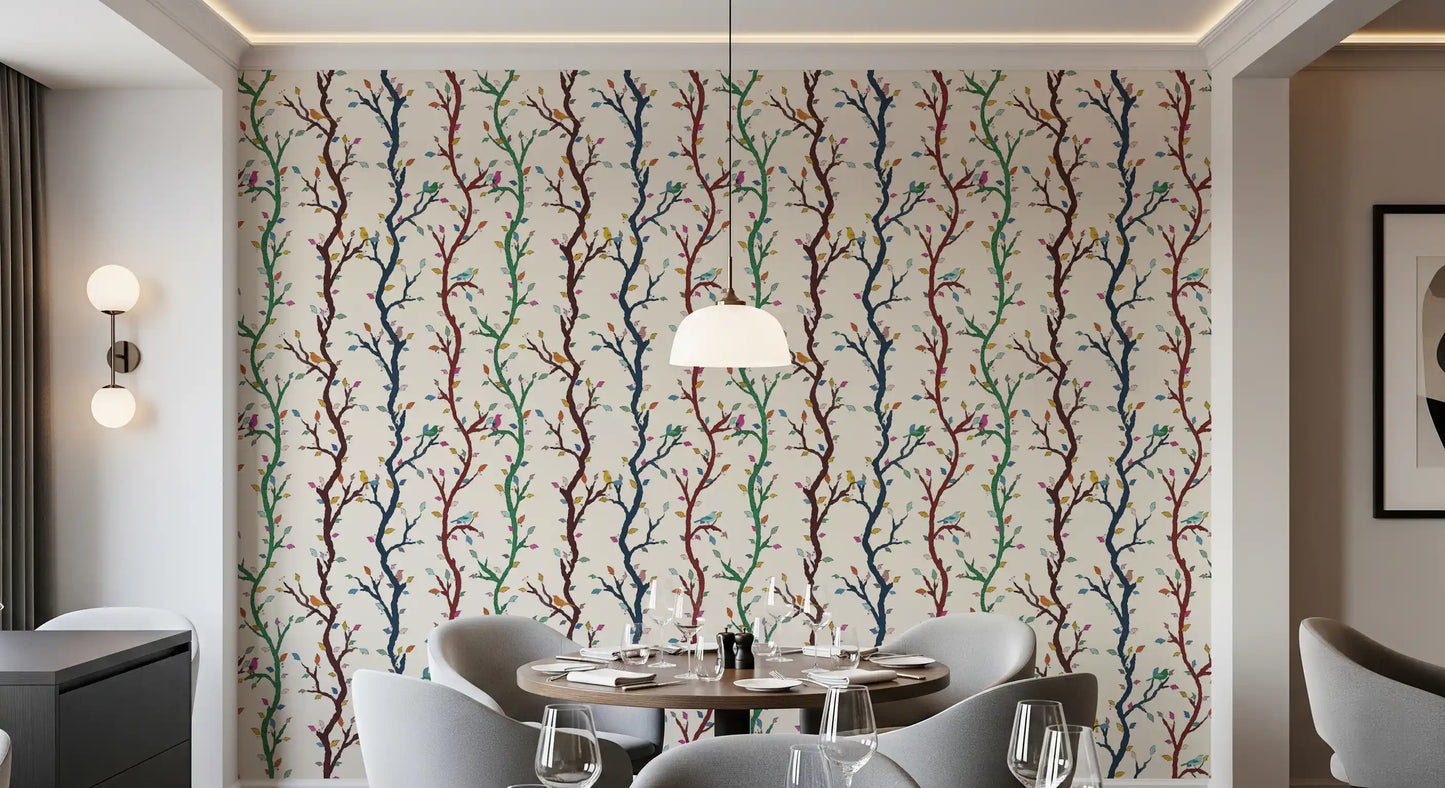 Dining room with Playful Woodland Birds Wallpaper and colourful branch detail