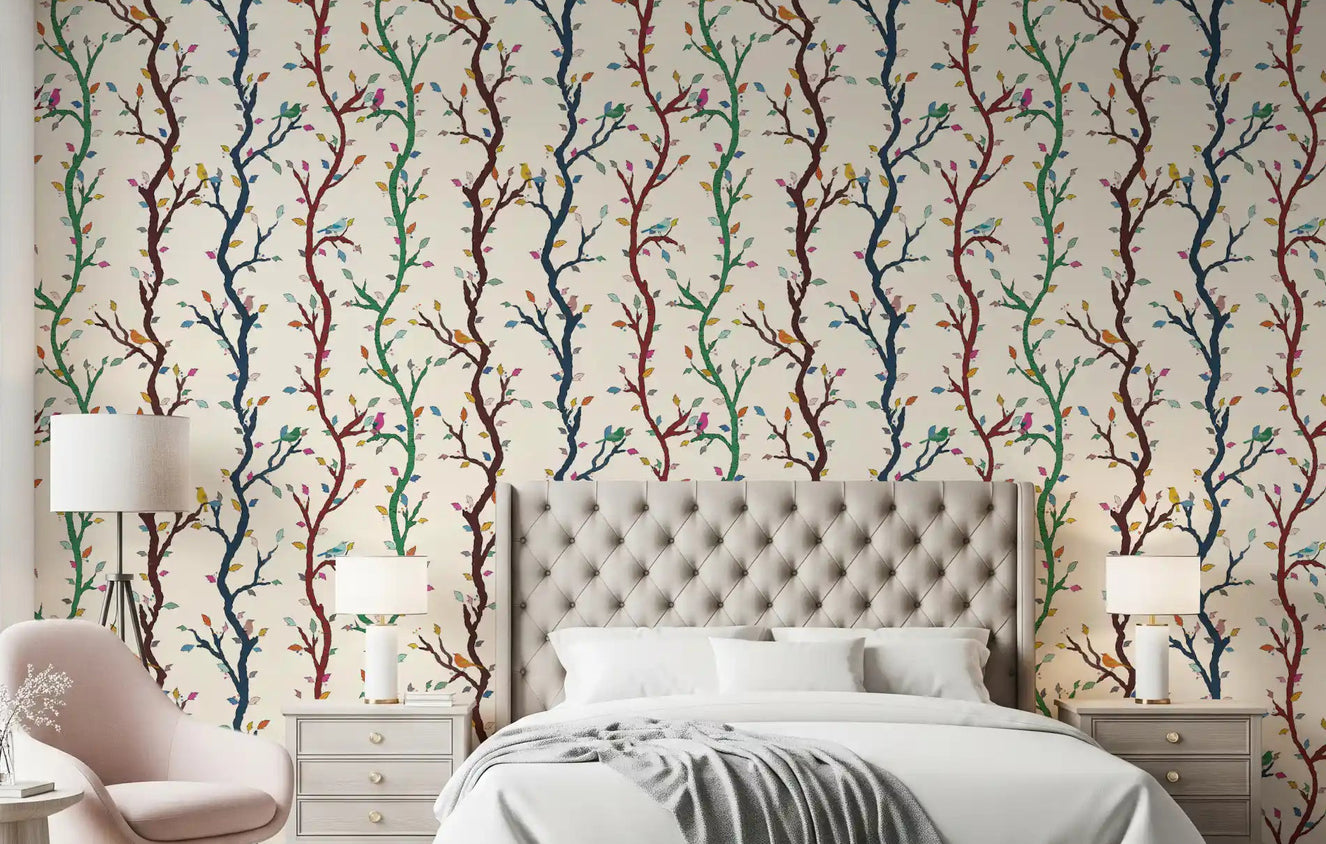 Bright leaf shapes lift this woodland birds wallpaper with playful movement