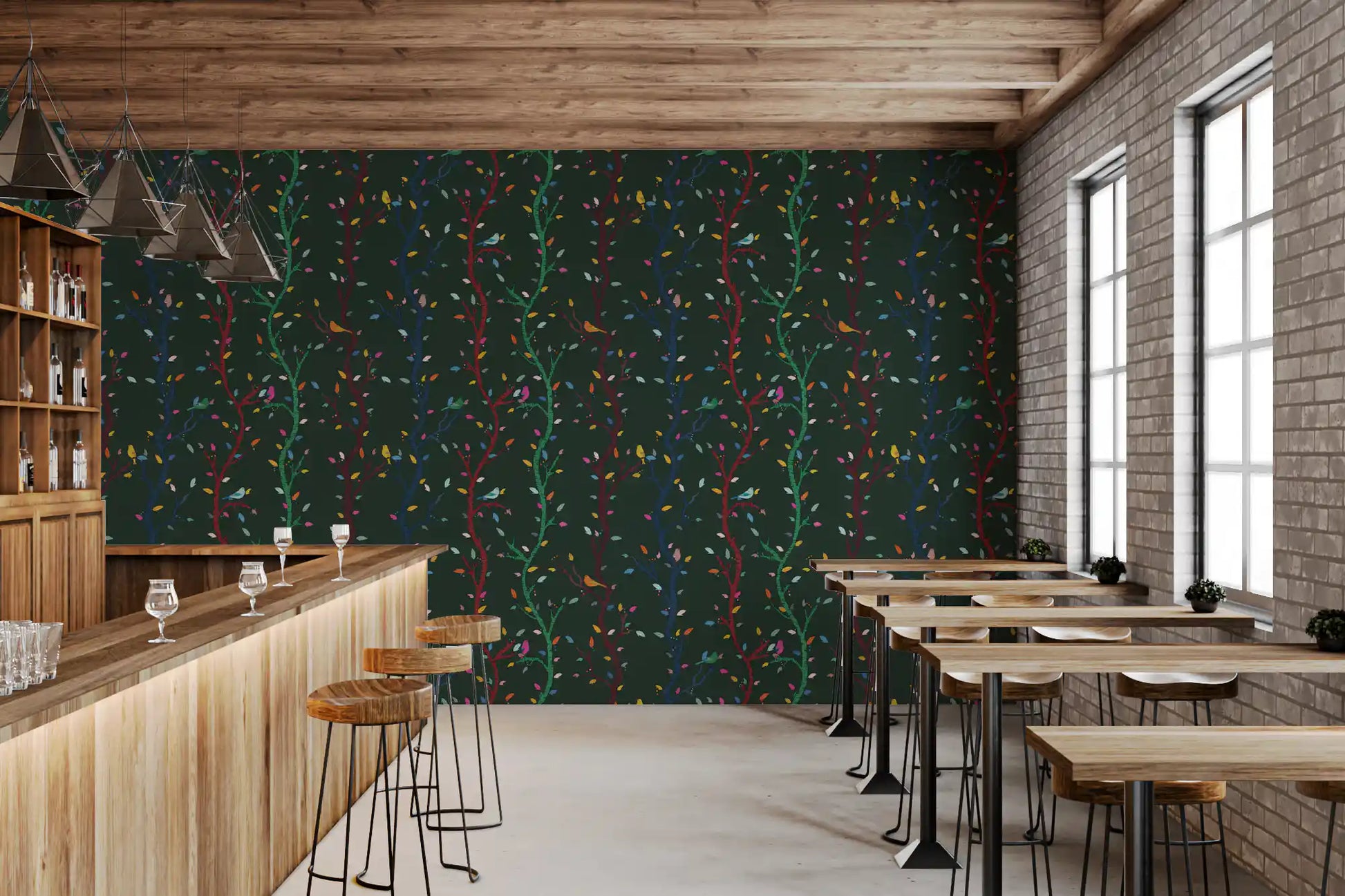 Organic tree lines define this forest branch wallpaper with small birds
