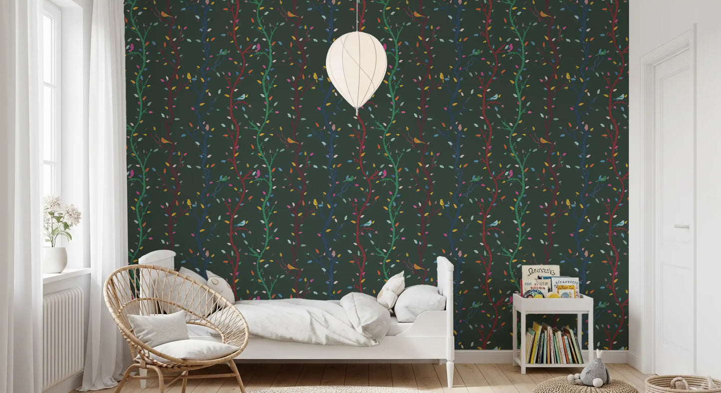 Dark green tones support this bird branch wallpaper with bright leaves