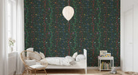 Dark green tones support this bird branch wallpaper with bright leaves